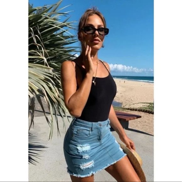 Blue High Waist Ripped Distressed Frayed Hem Denim Jeans Bodycon Mini Skirt - Picture 5 of 15